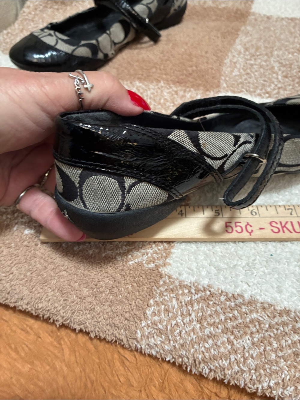 Coach Black Patent & Beige Signature Canvas Mary Jane Flats - Picture 13 of 14